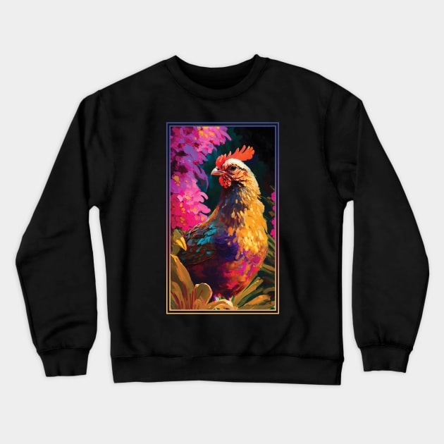 Chicken Rooster Vibrant Tropical Flower Tall Digital Oil Painting Portrait Crewneck Sweatshirt by ArtHouseFlunky